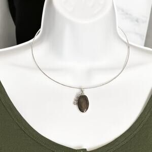 Vintage Estate Bezeled Hypersthene Pendant Luminous .925 Sterling Silver & Roses